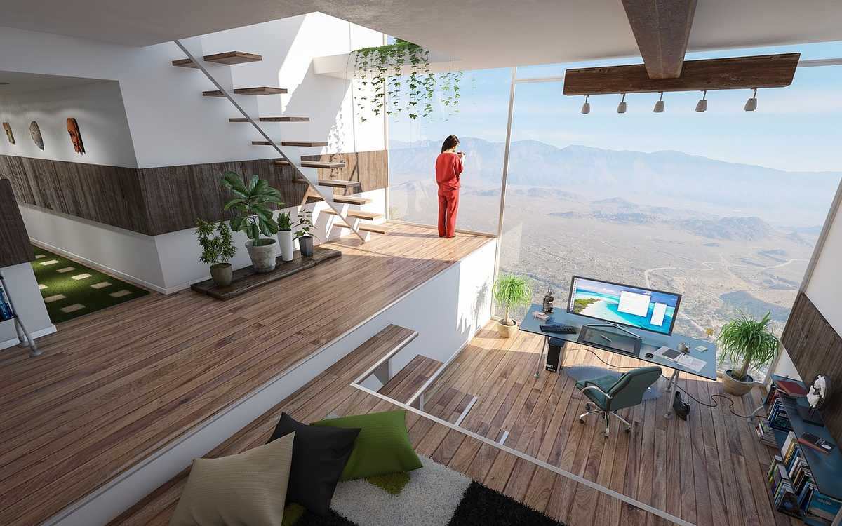 intérieur moderne avec vue panoramique, personne en rouge, bureau intérieur moderne avec vue panoramique, personne en rouge, bureau