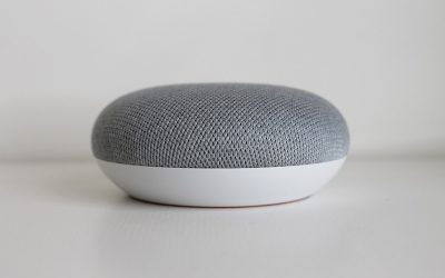 Un petit haut-parleur cylindrique gris et blanc sur fond blanc